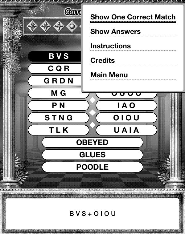 Screenshot of the Kindle game Throw in the Vowel 2